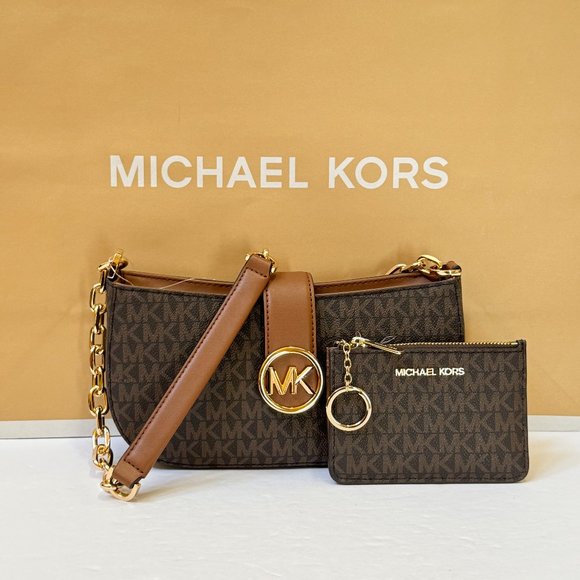 Michael Kors Carmen Small Chain Shoulder Bag + Coin ID Key Wallet MK Brown - Picture 1 of 15